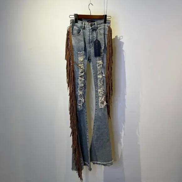 Bell Bottom High Waisted Jeans with Fringes S - Picture 7 of 8